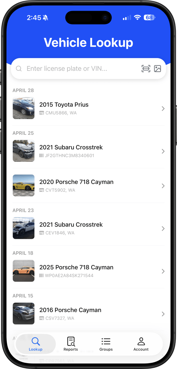 Plate or VIN lookup on a mobile phone with vehicle listings