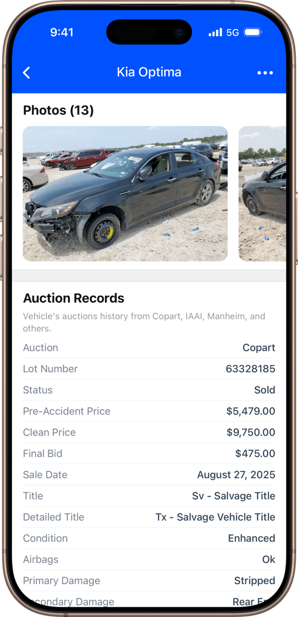 Auction records lookup and vehicle history insights