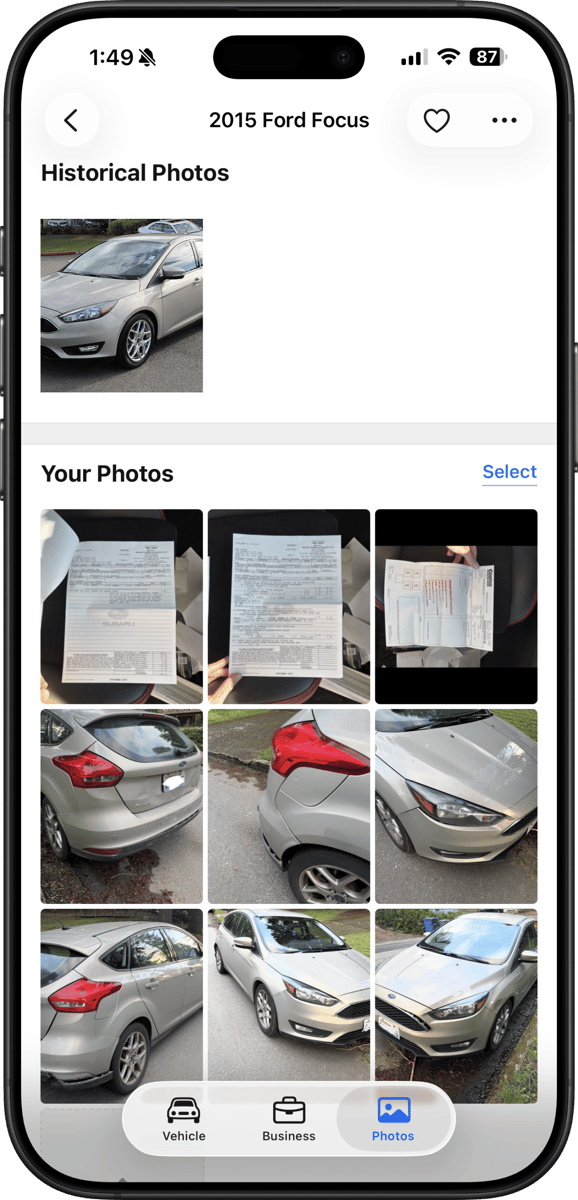 Condition photos snapped at the scene stored with the vehicle record