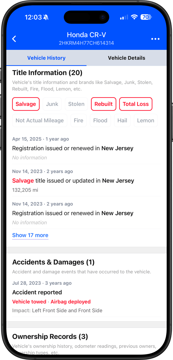 Screen displaying recent vehicle sales and market data