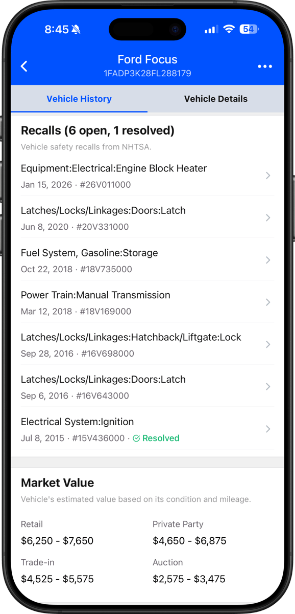 Safety recall information