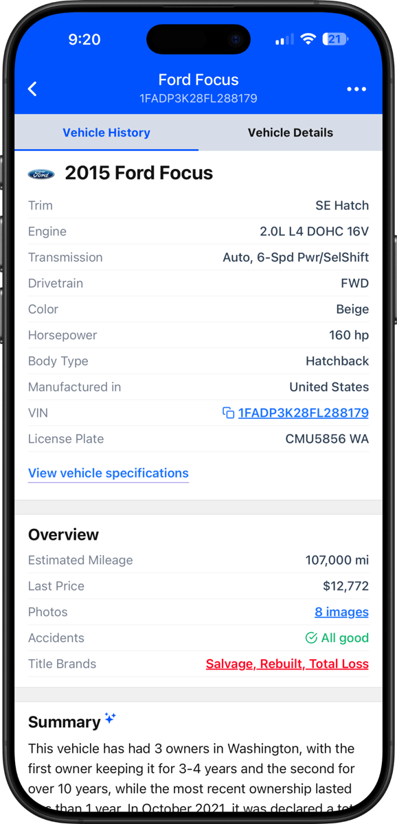 Plate lookup app displaying a VIN decoder page