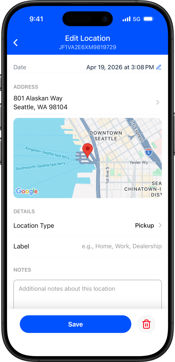 Screen displaying the location of the vehicle on a map.